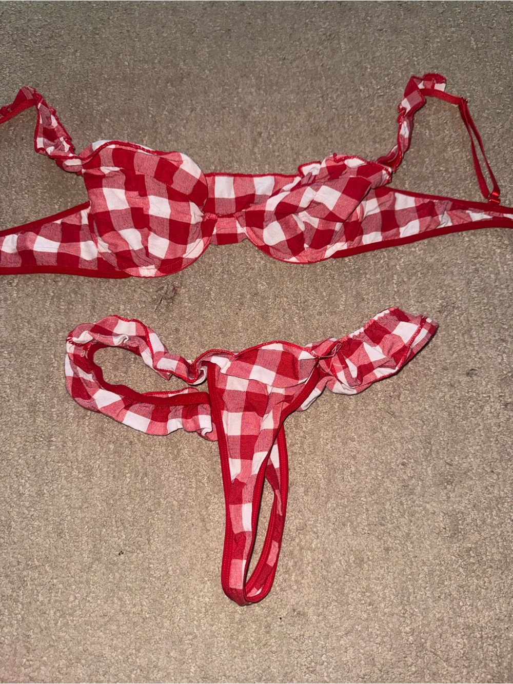 Red and White Gingham Ruffled Bikini Set